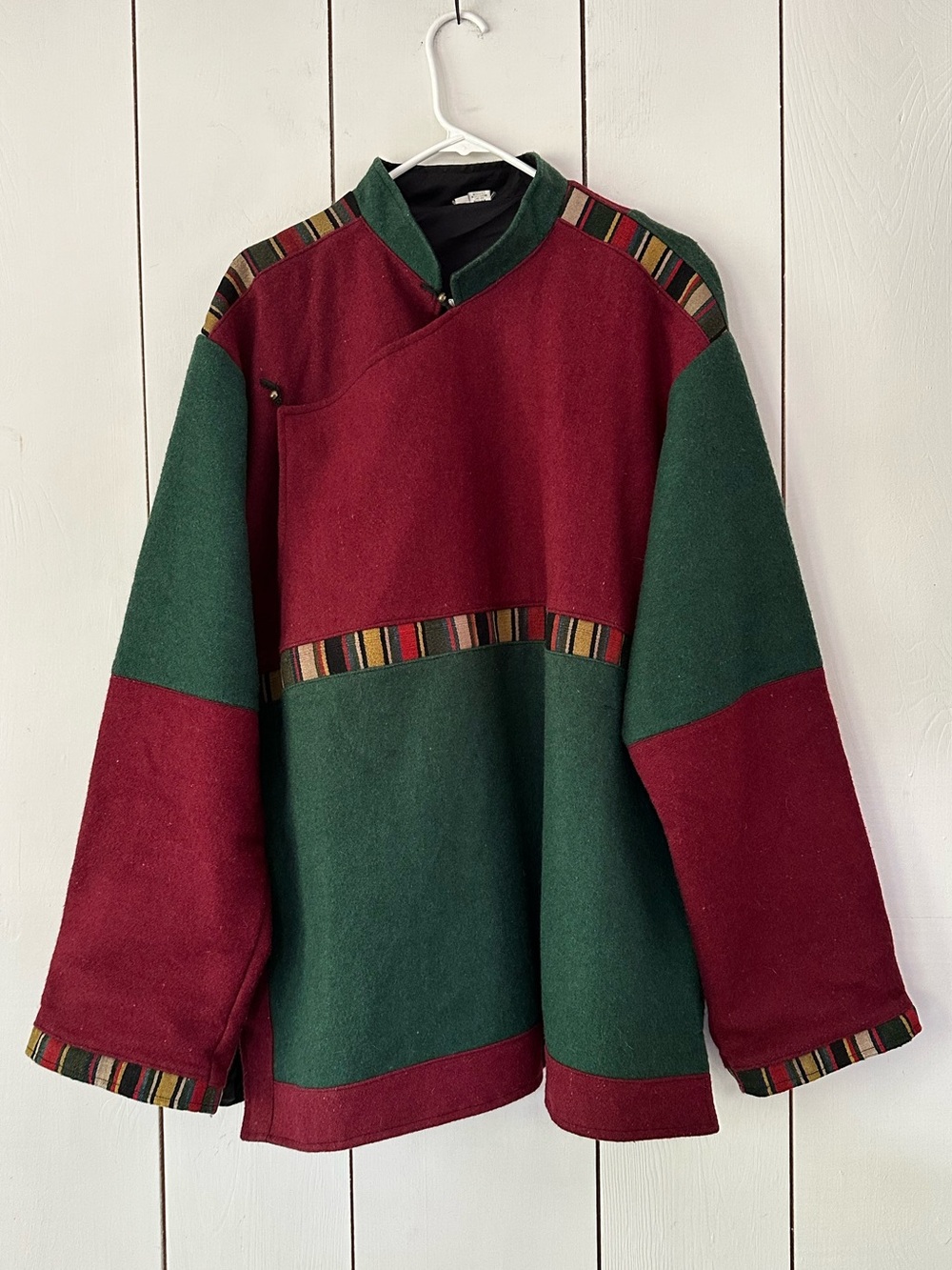 Vintage Nepalese Monk Style Wool Overjacket Sz XXL Burgundy Green